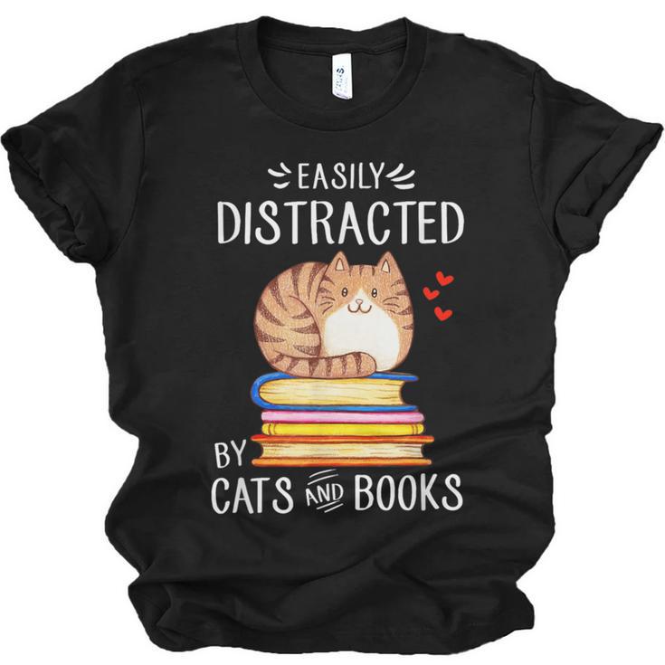 Easily Distracted By Cats And Books Reading Lover Bookish Unisex Jersey T-Shirt