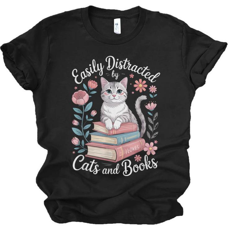 Easily Distracted By Cats And Books Reading Unisex Jersey T-Shirt