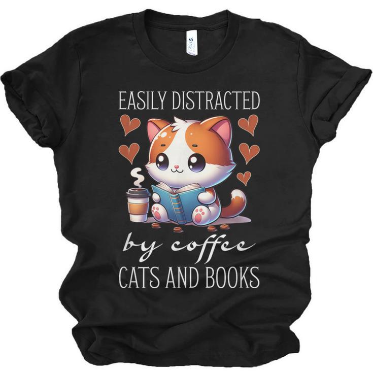 Easily Distracted By Coffee Cats And Books Unisex Jersey T-Shirt