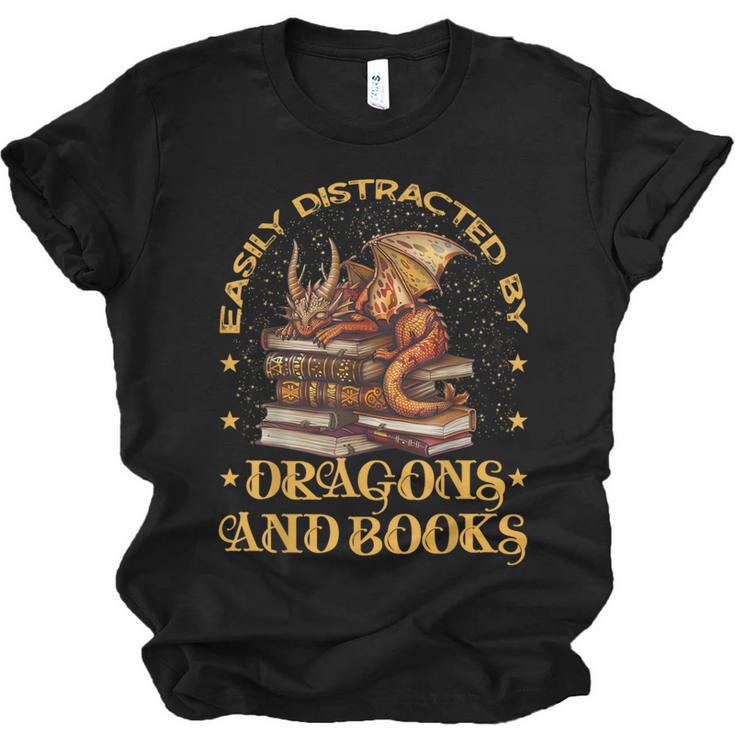 Easily Distracted By Dragons And Books Fantasy Book Lover Unisex Jersey T-Shirt