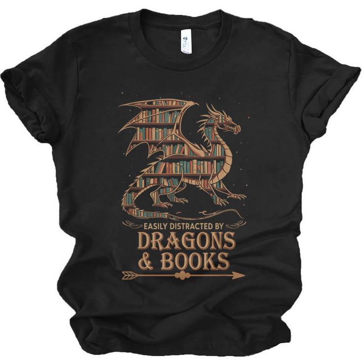Easily Distracted By Dragons And Books Library Dragon Lover Unisex Jersey T-Shirt