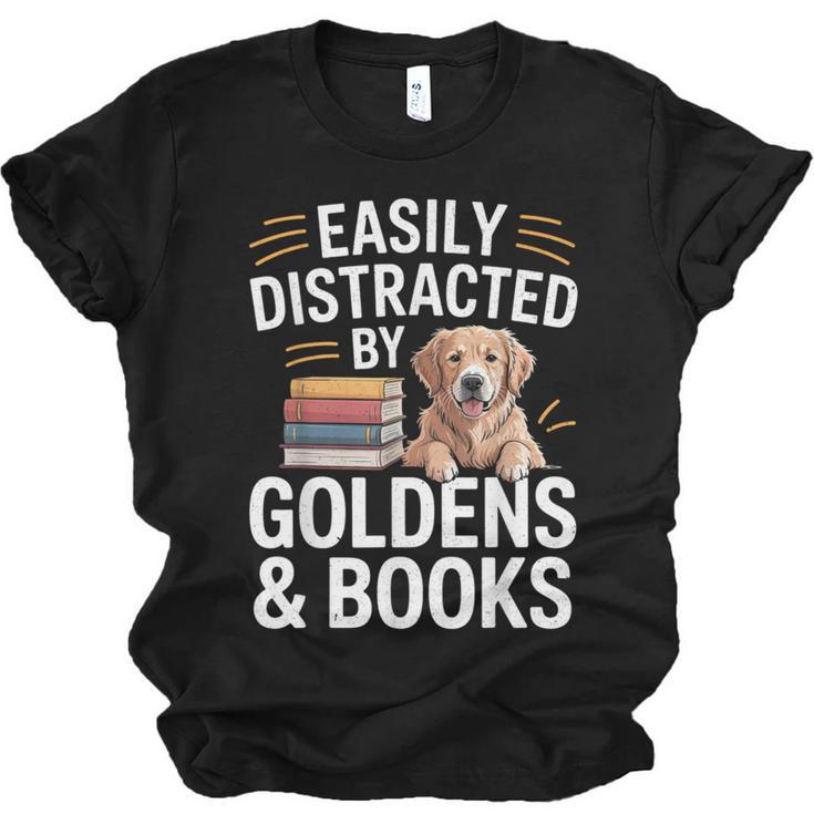 Easily Distracted By Goldens & Books Golden Retriever Dog Unisex Jersey T-Shirt