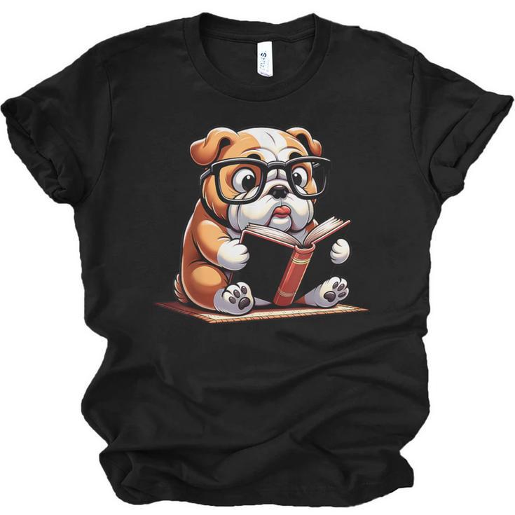 English Bulldog Reading a Book Dog For Men Women Girls Kids Unisex Jersey T-Shirt