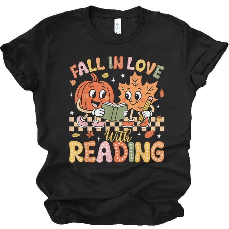 Fall In Love With Reading Autumn Pumpkin Teacher Book Lover Unisex Jersey T-Shirt