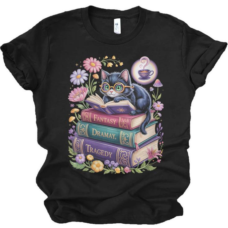 Fantasy Drama Tragedy Cute Cat Book Lover Readers Librarians Unisex Jersey T-Shirt