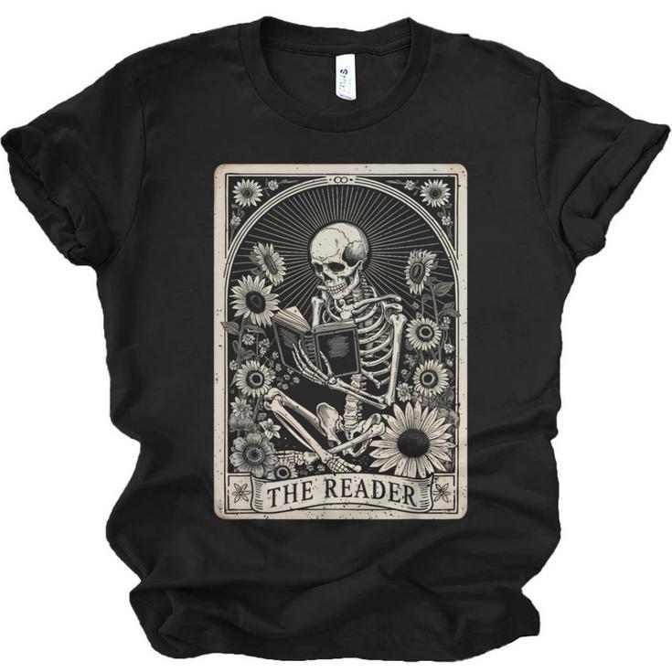 Floral The Reader Tarot Card Skeleton Reading Book Unisex Jersey T-Shirt