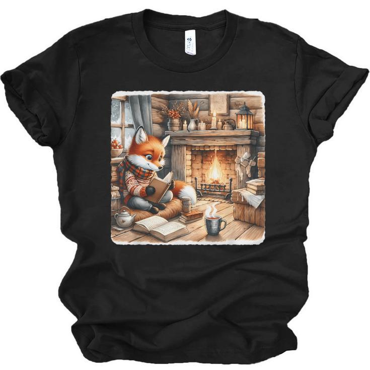 Fox Reads By Fireplace In Cabin Rustic Book Cozy Cup Tea Unisex Jersey T-Shirt