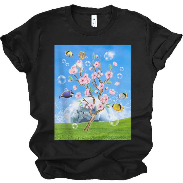 Frutiger Aero Aesthetic Tech Cherry Blossom Fishes Bubbles Unisex Jersey T-Shirt