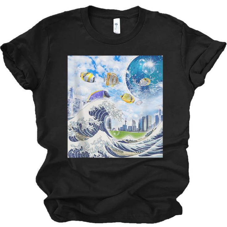 Frutiger Aero Aesthetic Tech Great Wave Of Kanagawa Fishes Unisex Jersey T-Shirt