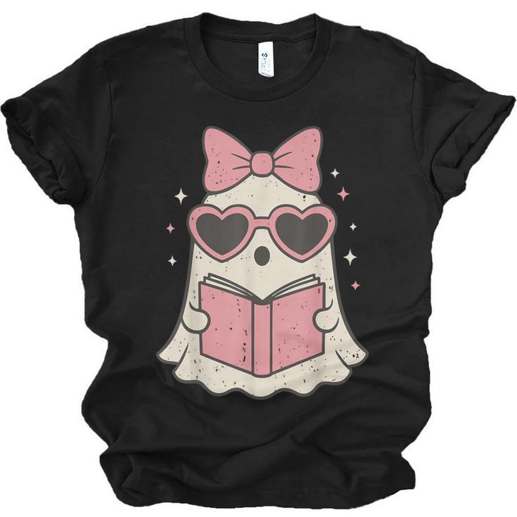Ghost Reading Book Halloween Cat Lover Unisex Jersey T-Shirt