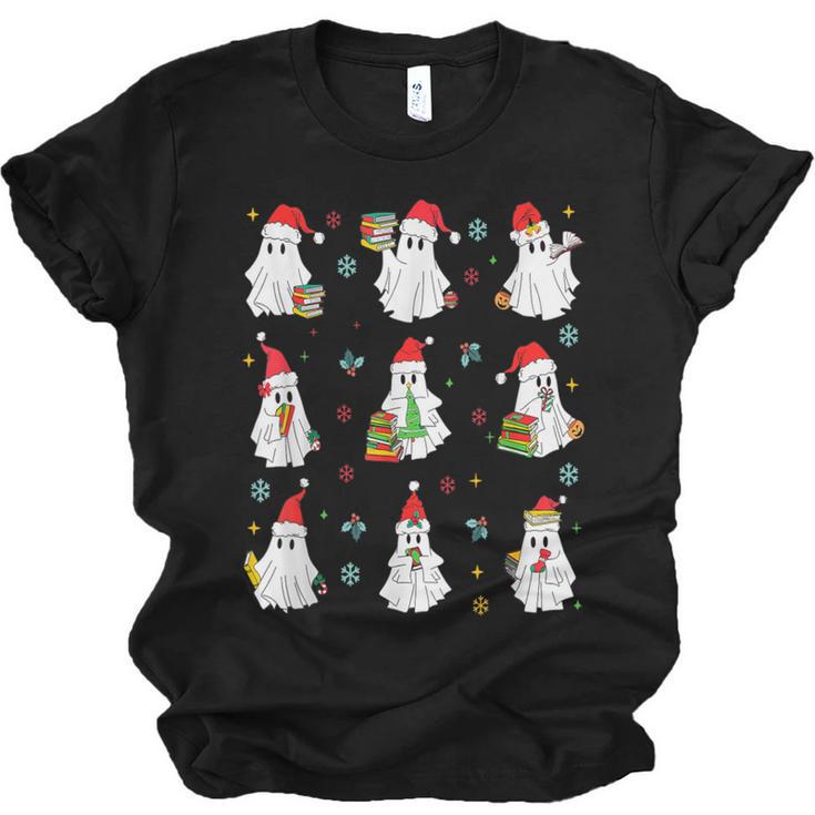 Ghosts Wearing Santa Hats Reading Books Christmas Book Lover Unisex Jersey T-Shirt