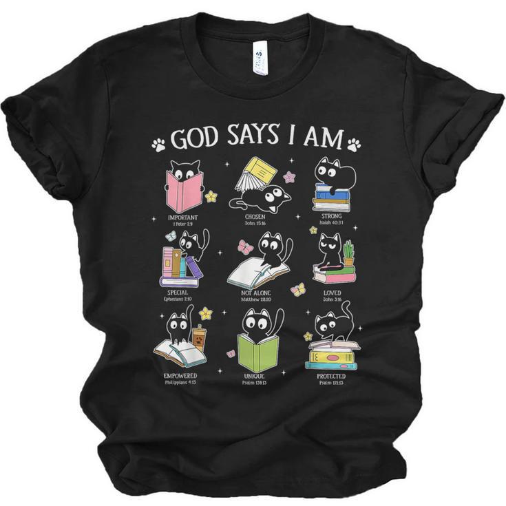God Says I Am Cat Book Lover Christian Cute Jesus Girls Kids Unisex Jersey T-Shirt