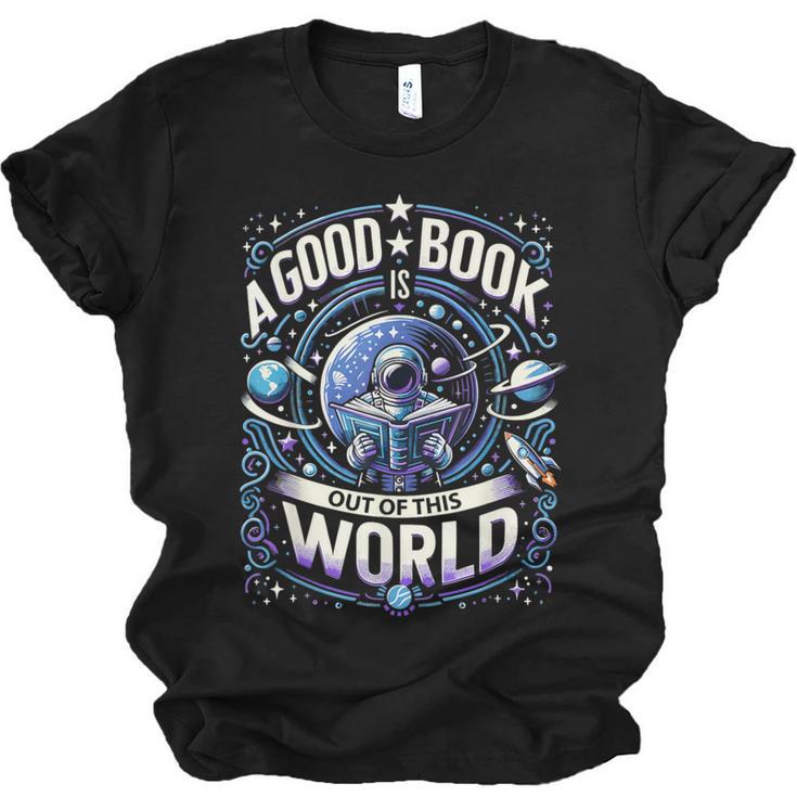 A Good Book Is Out Of This World Shirt Astronaut Reading Unisex Jersey T-Shirt