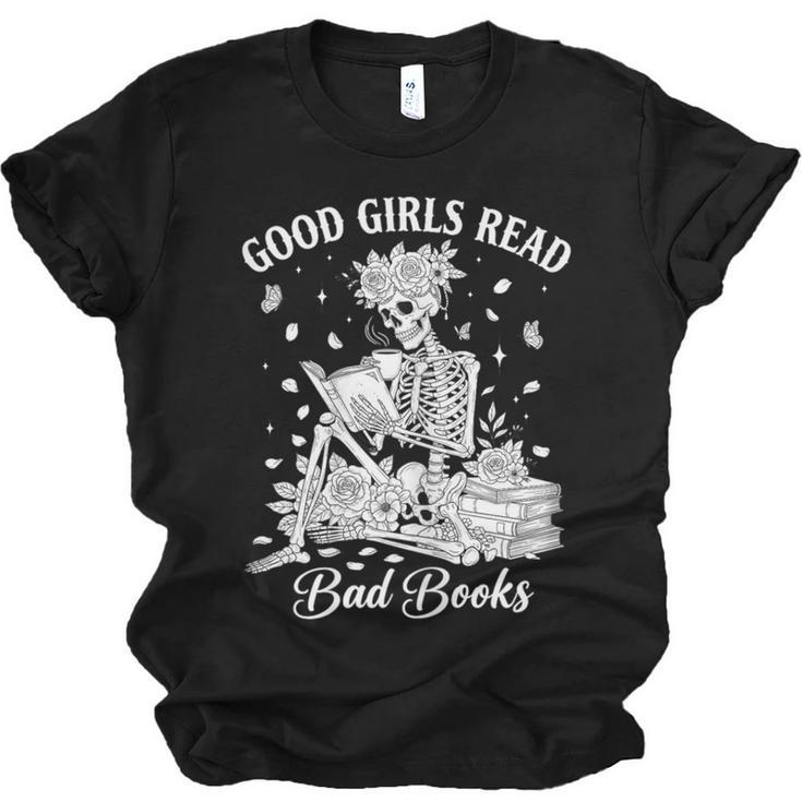 Good Girls Read Bad Books Skeleton Reading Book Halloween Unisex Jersey T-Shirt