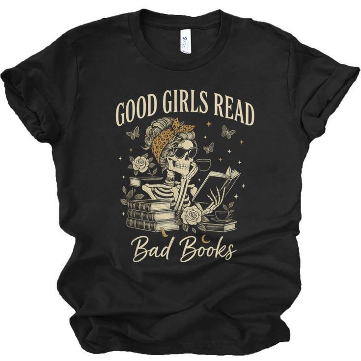 Good Girls Read Bad Books Vintage Skeleton Reader Unisex Jersey T-Shirt