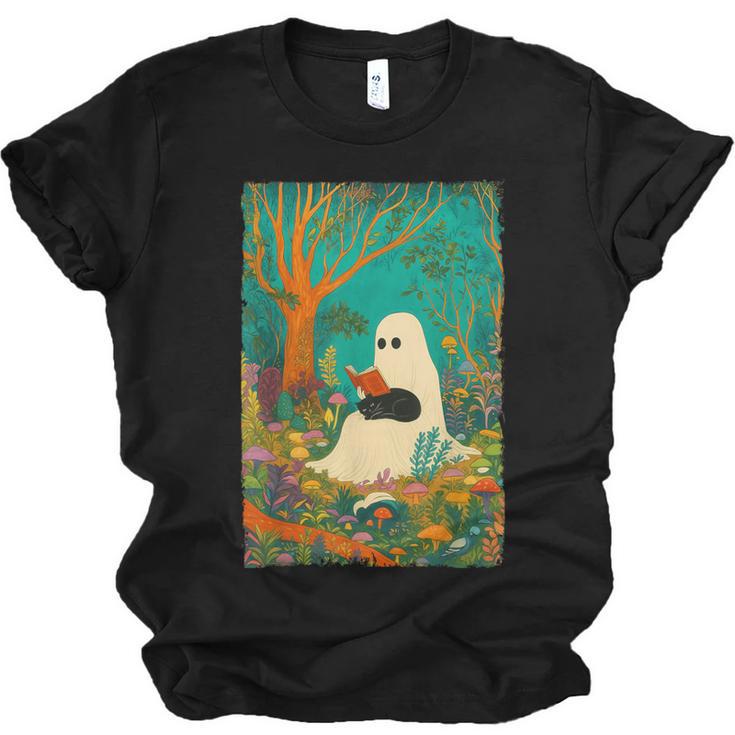 Groovy Ghost Reading Book Cat Halloween Ghost Teacher Unisex Jersey T-Shirt