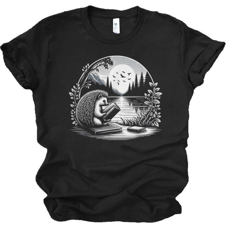 Hedgehog Reading Book Full Moon Lake Scenery Unisex Jersey T-Shirt