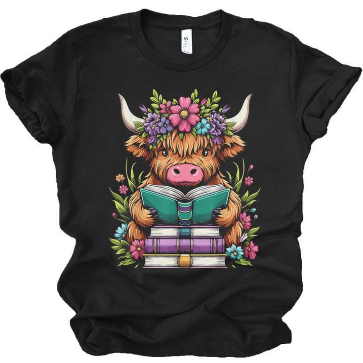 Highland Cow Book Floral Bookworm Unisex Jersey T-Shirt