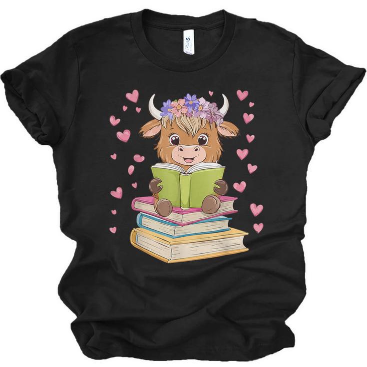 Highland Cow Reading Book Floral Bookworm Unisex Jersey T-Shirt