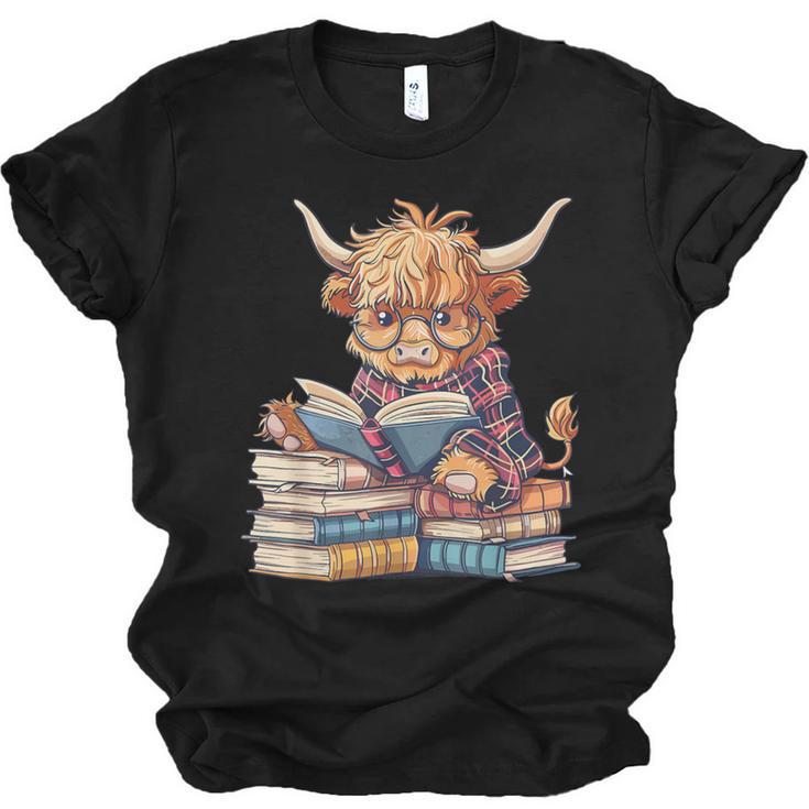 Highland Cow Reading Book Librarian Library Unisex Jersey T-Shirt