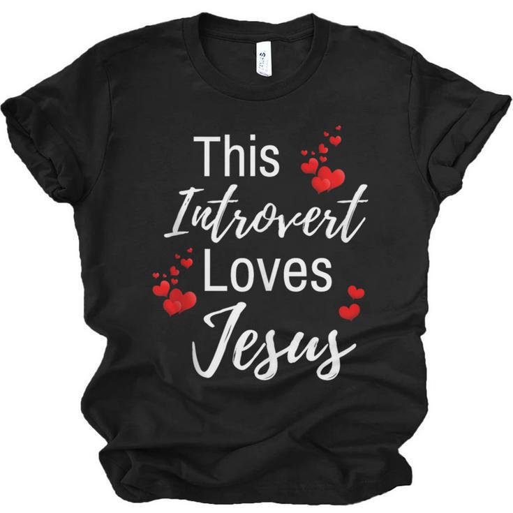 This Introvert Loves Jesus Religious Red Hearts Graphic Unisex Jersey T-Shirt