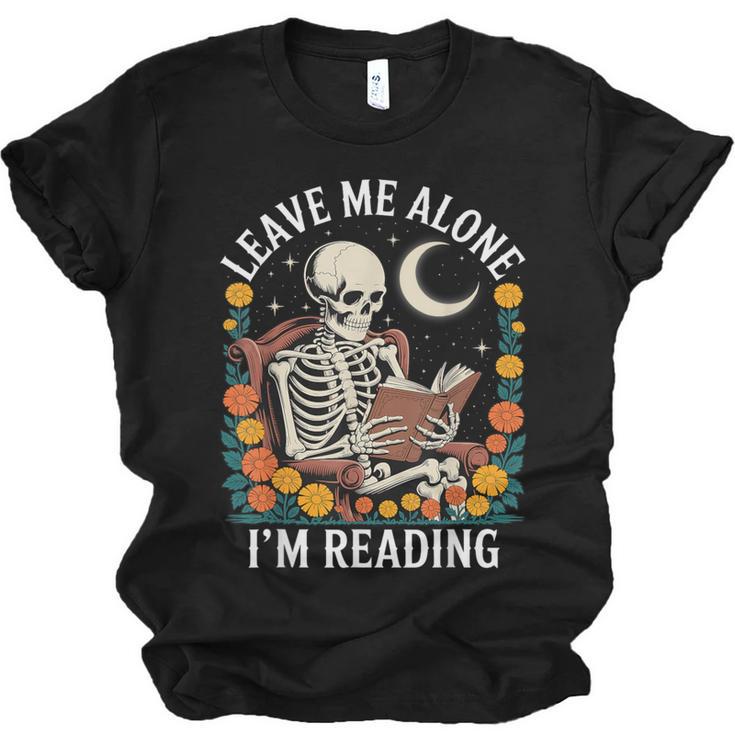 Leave Me Alone Skeleton Reading Book Floral Moon Librarian Unisex Jersey T-Shirt