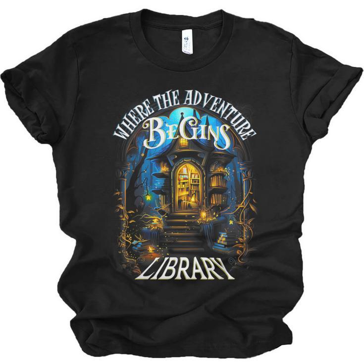 Library Where The Adventure Begins Book Reading Quote Unisex Jersey T-Shirt
