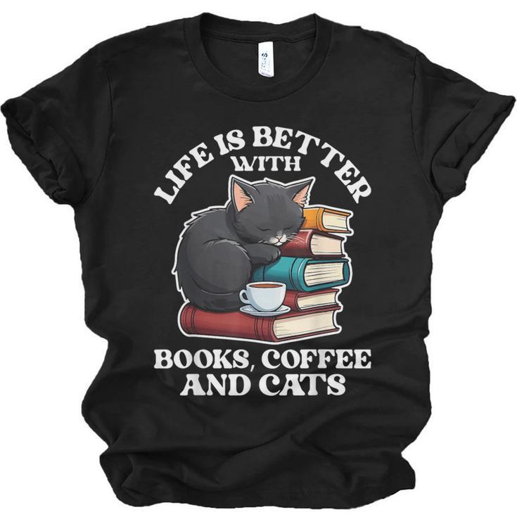 Life Is Better With Books Cats & Coffee Librarian Book Lover Unisex Jersey T-Shirt