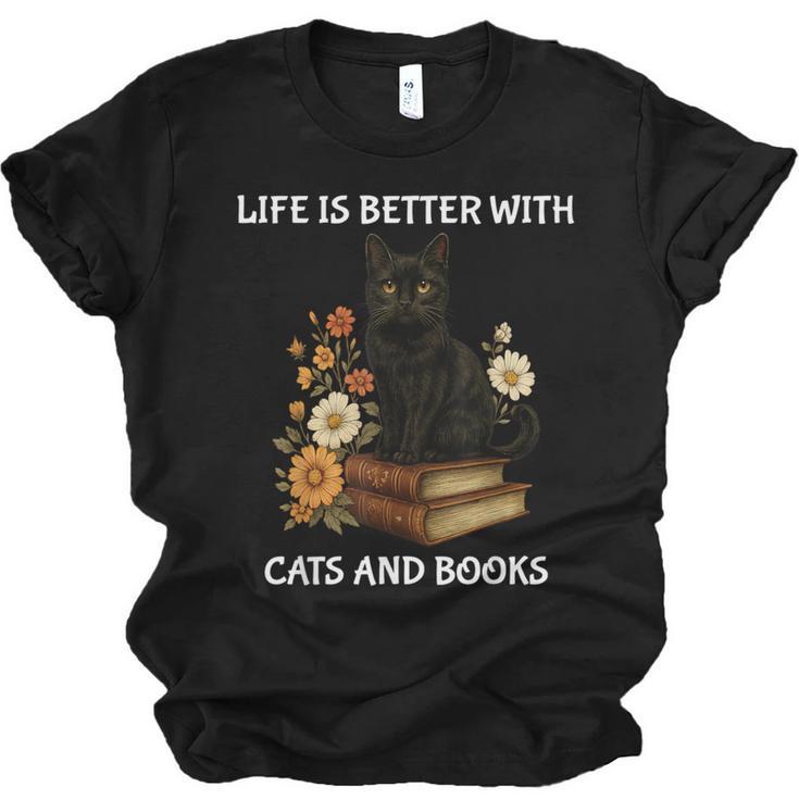 Life Is Better With Cats And Books Cute Cat Lover For Men Women Kids Unisex Jersey T-Shirt
