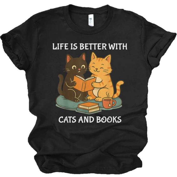Life Is Better With Cats And Books Cute Cat Lover Unisex Jersey T-Shirt