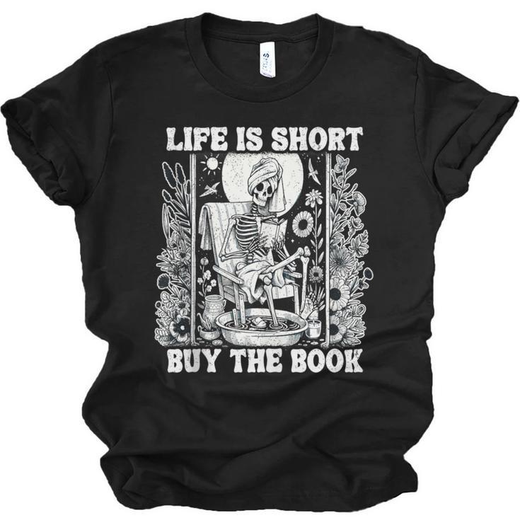 Life Is Short Buy The Book Introvert Skeleton Reading Unisex Jersey T-Shirt