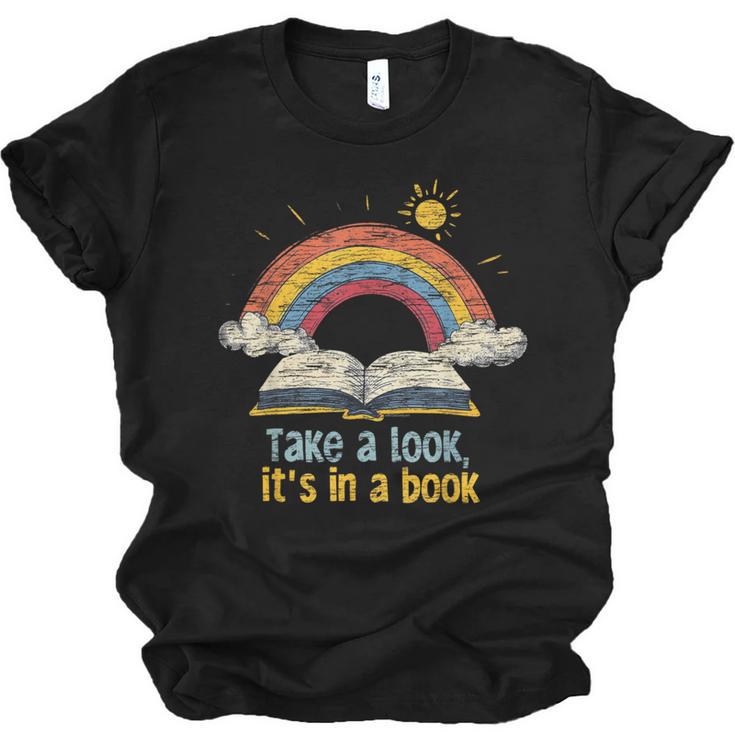 Take a Look It's In a Book Vintage Reading Teacher Rainbow Unisex Jersey T-Shirt
