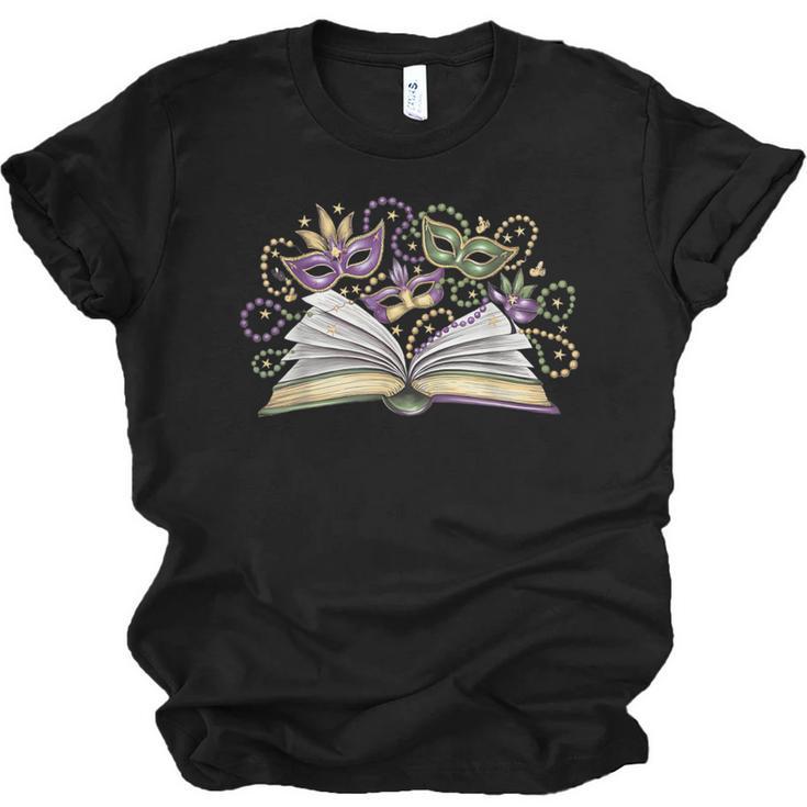 Mardi Gras Book Librarian Author Purple Beads Unisex Jersey T-Shirt