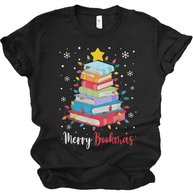 Merry Bookmas Book Christmas Tree Lights Xmas Men Women Kids Unisex Jersey T-Shirt