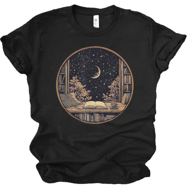 Moon Book Bookshelf Library Coffee Cup Star Stars Pattern Unisex Jersey T-Shirt