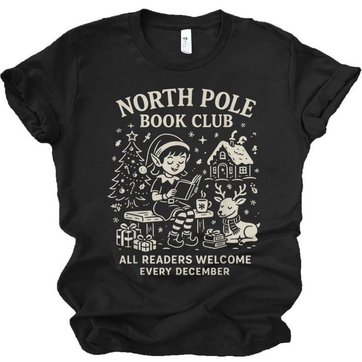 North Pole Book Club Christmas Elf Bookish Retro Graphic Unisex Jersey T-Shirt
