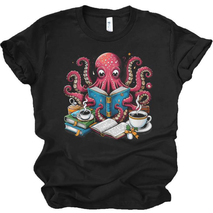 Octopus Reading Book Coffee Lover Bookaholic Bookworm Reader Unisex Jersey T-Shirt