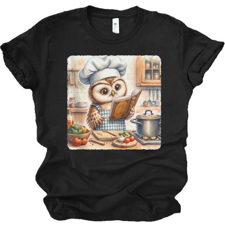 Owl Learning To Cook With Cookbook Chef Apron Stove Cooking Unisex Jersey T-Shirt