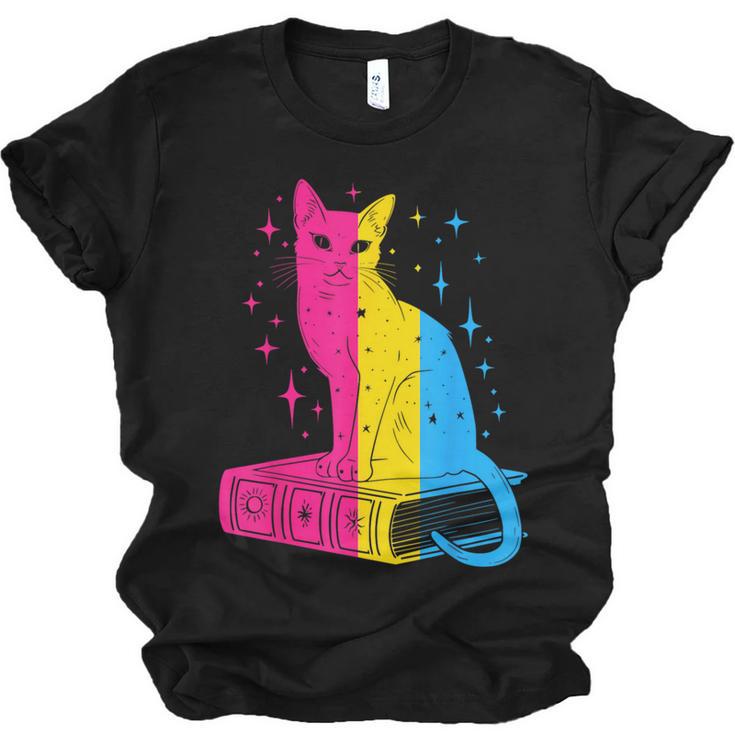 Pansexual Pride Celestial Cat Sitting Book LGBTQ Pan Colors Men Women Unisex Jersey T-Shirt