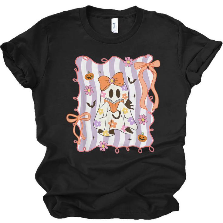 Preppy Coquette Bow Ghost Reading Books Halloween Book Unisex Jersey T-Shirt