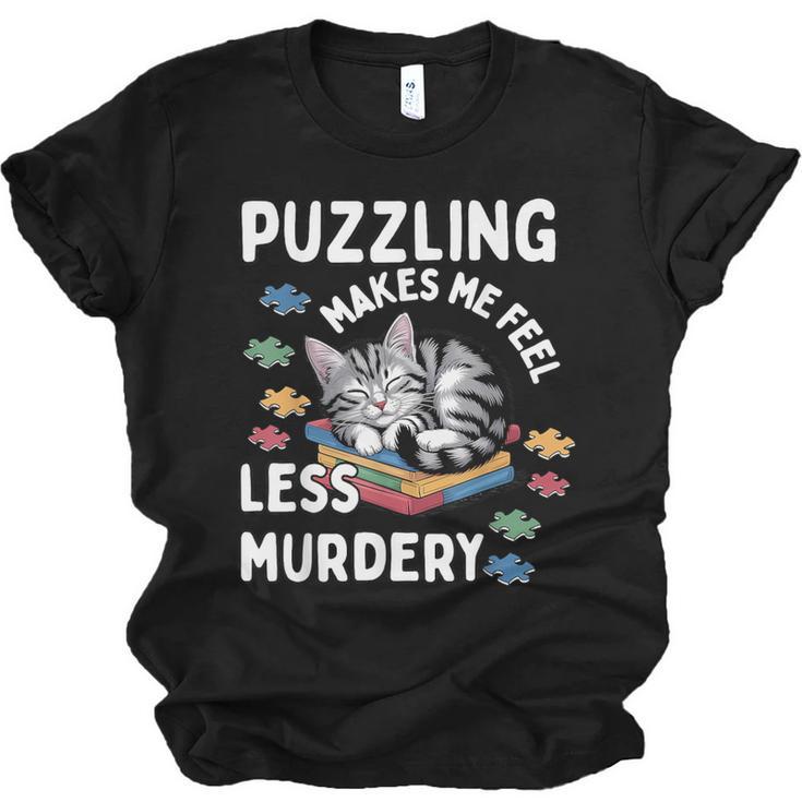 Puzzling Makes Me Feel Less Murdery Introvert Puzzle Cat Unisex Jersey T-Shirt