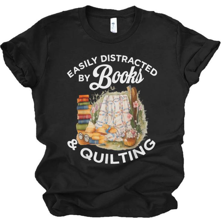 Quilting Sewing Machine Quilter Easily Distracted By Book Unisex Jersey T-Shirt