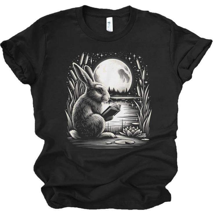 Rabbit Reading Book Full Moon Lake Scenery Unisex Jersey T-Shirt