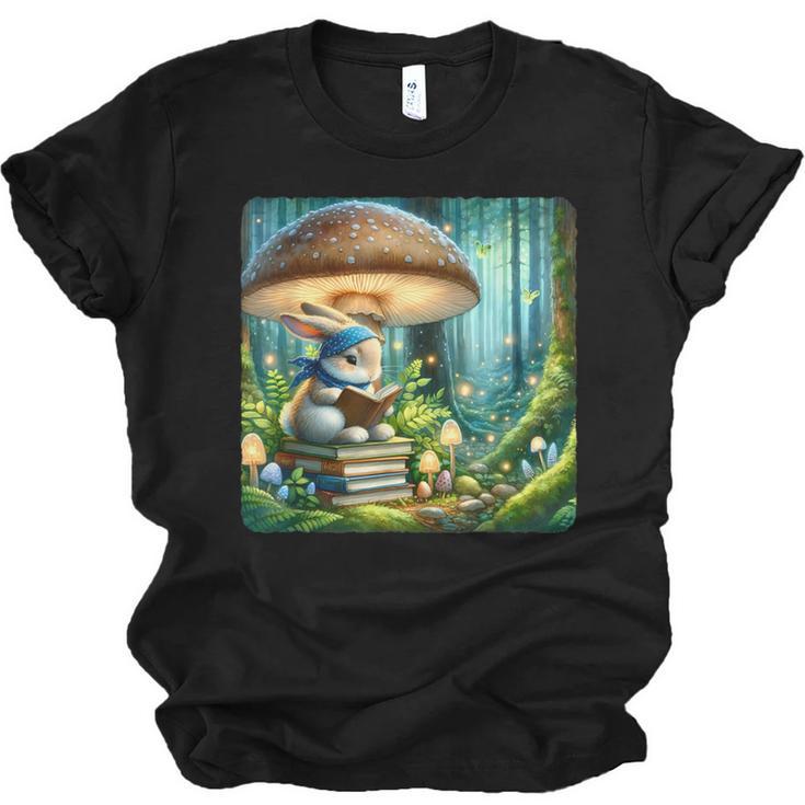 Rabbit Reading Book Under Large Mushroom Easter Bandana Unisex Jersey T-Shirt