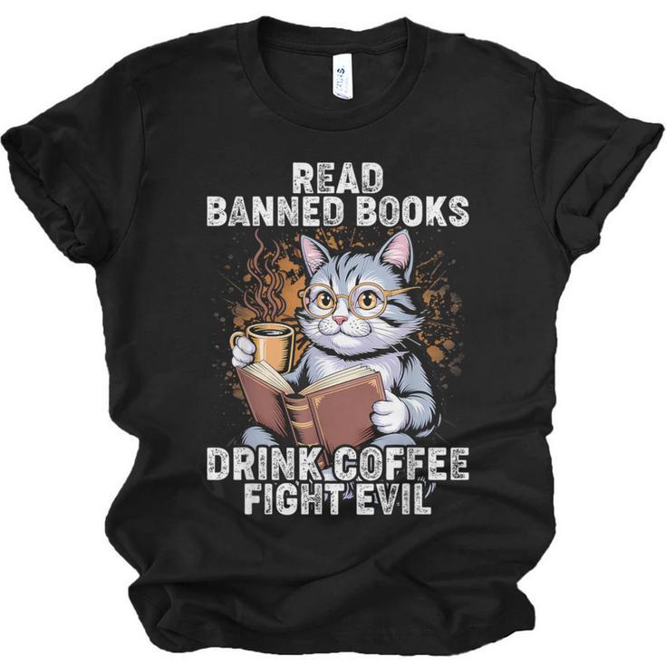 Read Banned Books Drink Coffee Fight Evil Cat Unisex Jersey T-Shirt