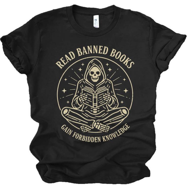 Read Banned Books Gain Forbidden Knowledge Skeleton Unisex Jersey T-Shirt