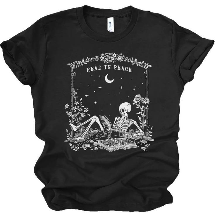 Read In Peace Skeleton Reading Book Halloween Bookish Unisex Jersey T-Shirt