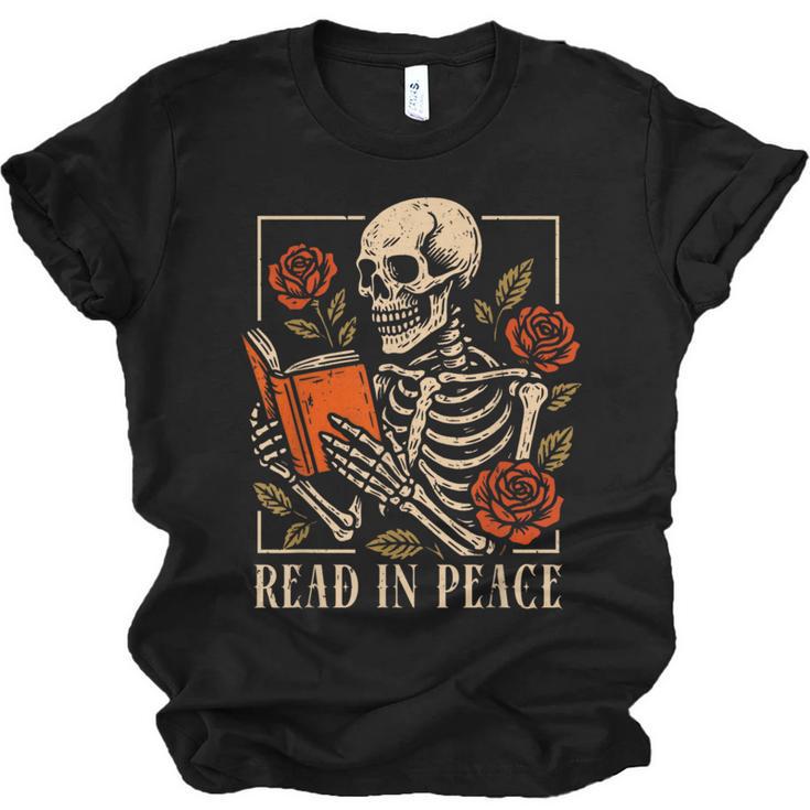 Read In Peace Skeleton Reading Book Halloween Teacher Unisex Jersey T-Shirt
