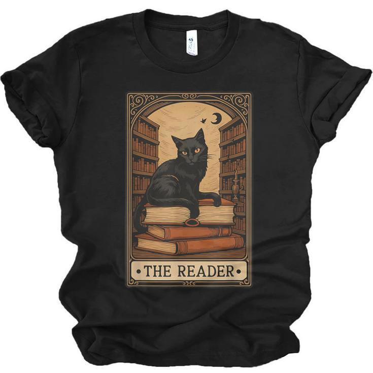 The Reader Cat Book Reading Halloween Tarot Card Unisex Jersey T-Shirt
