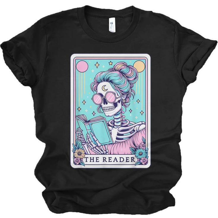 The Reader Retro Reading Skeleton Books Flowers Tarot Card Unisex Jersey T-Shirt